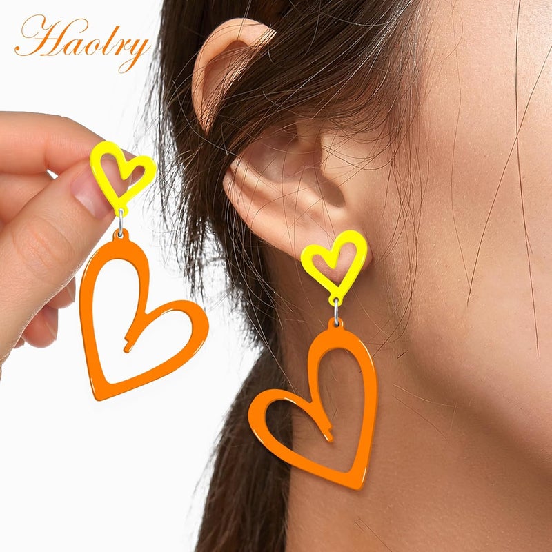 HOLYRY Neon Heart Earrings for Women Acrylic Neon Earrings 80s 90s Outfit for Women Glow Party Accessories Gifts Hot Pink Orange Green Yellow - Image 2